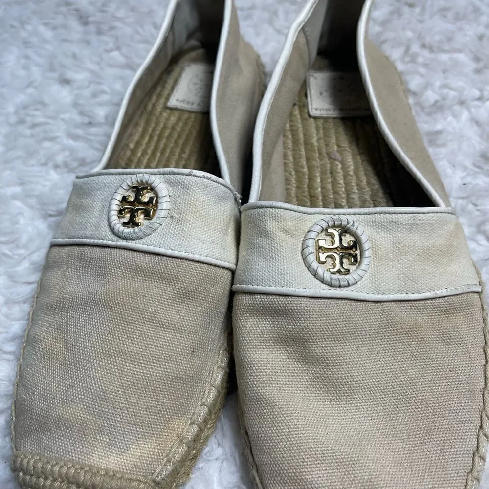 Tory Burch Canvas Khaki & beige espadrilles slip on gold tone logo accent SZ9.5